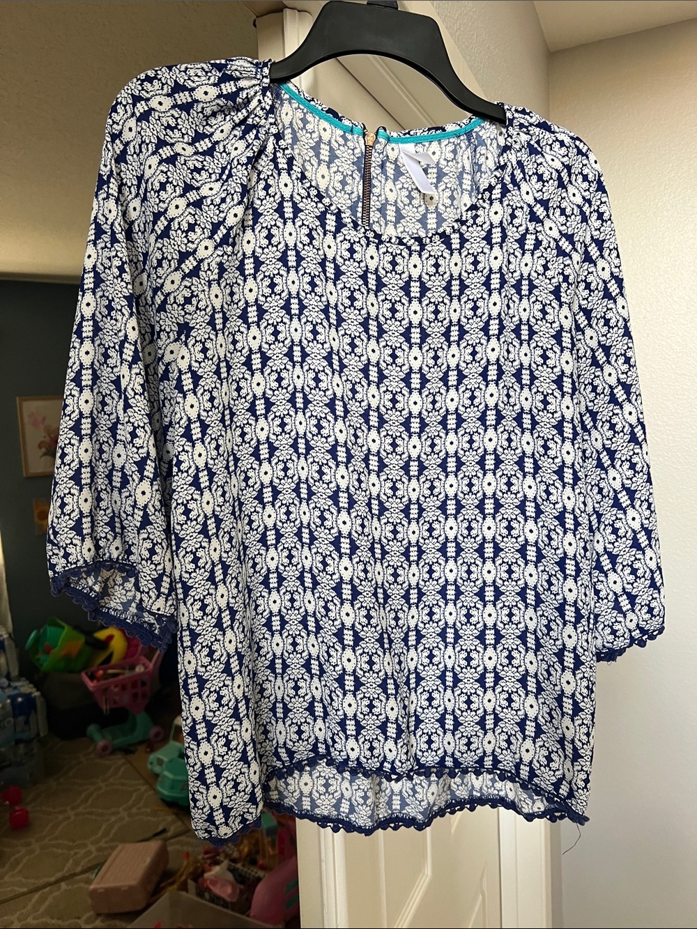 Xhilaration Navy and White Floral-Print Blouse